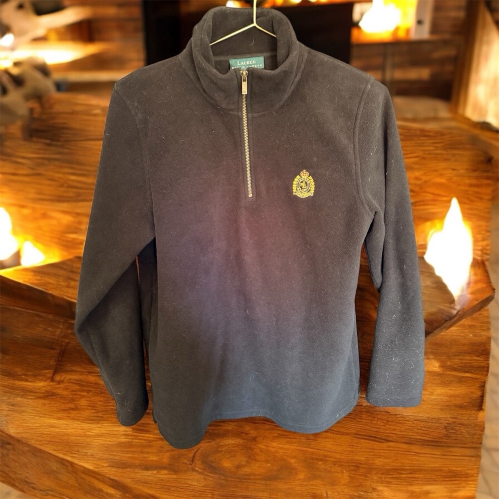 Ralph Lauren Crest Black Quarter-Zip Fleece Pullover size S EUC